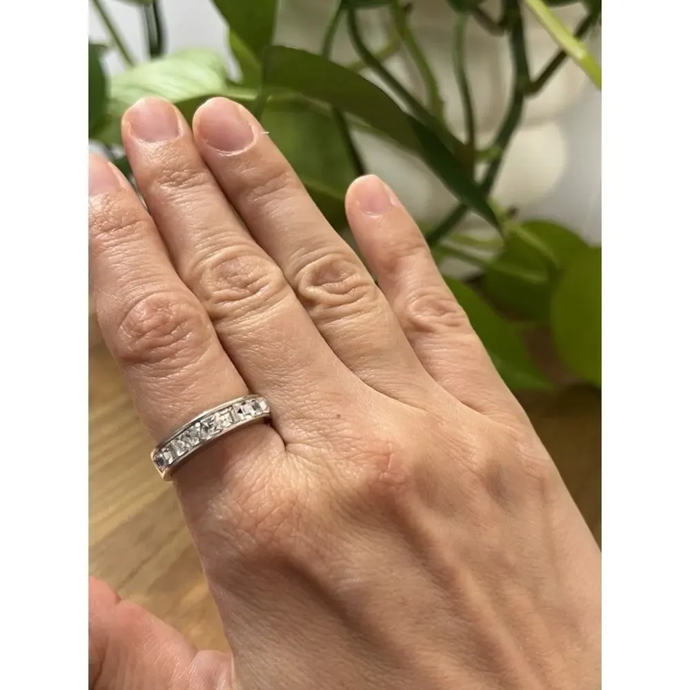 Silver‎ Size 8 Princess Cut Clear Band Eternity Ring Modernist Minimalist